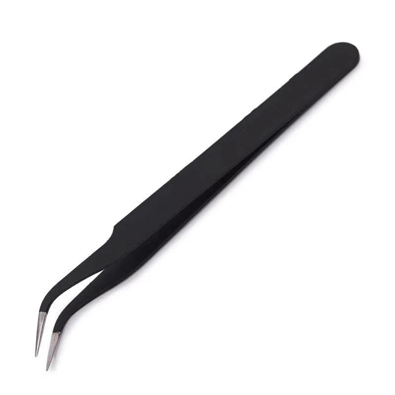 2Pcs Stainless Steel Curved Straight Black Tweezer Set, Nail Art Rhinestones Beads Nipper Picking Tool