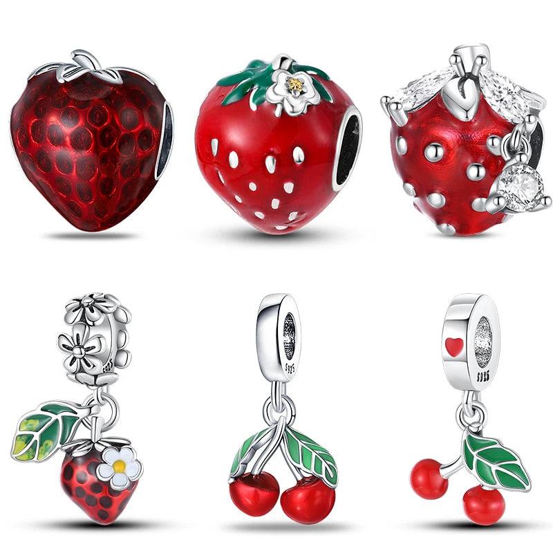 New 925 Silver Color Strawberry Cherry Fruit Series Charms Beads Fit Pandora 925 Original Bracelets DIY Birthday Jewelry Gifts