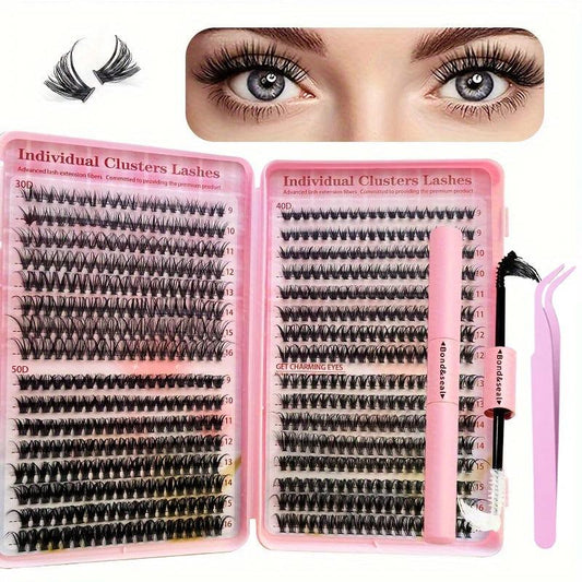 640Pcs Eyelash Extension Kit 304050D Lash Clusters D Curl 9-16mm Individual Lashes Kit with Bond and Seal, Tweezers and Brush