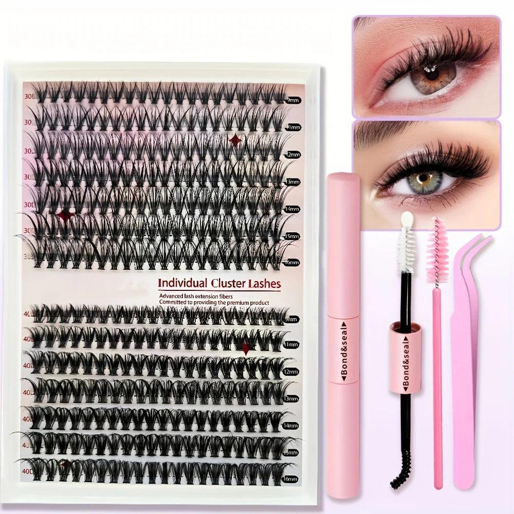 640Pcs Eyelash Extension Kit 304050D Lash Clusters D Curl 9-16mm Individual Lashes Kit with Bond and Seal, Tweezers and Brush