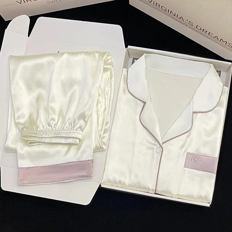 High Quality Light Luxury Ice Silk Pajamas Women's Pajama Spring and Autumn Style Long Sleeve Home Set Nightwear Sleepwear