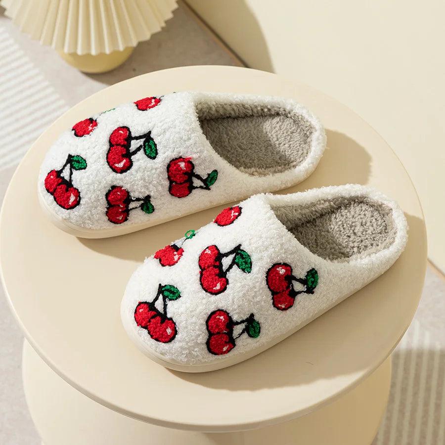 Cute Little Cherry Slippers Women Fluffy Cherries Fur Plush House Shoes Female Bedroom Comfy Home Flat Slip-on Slides New