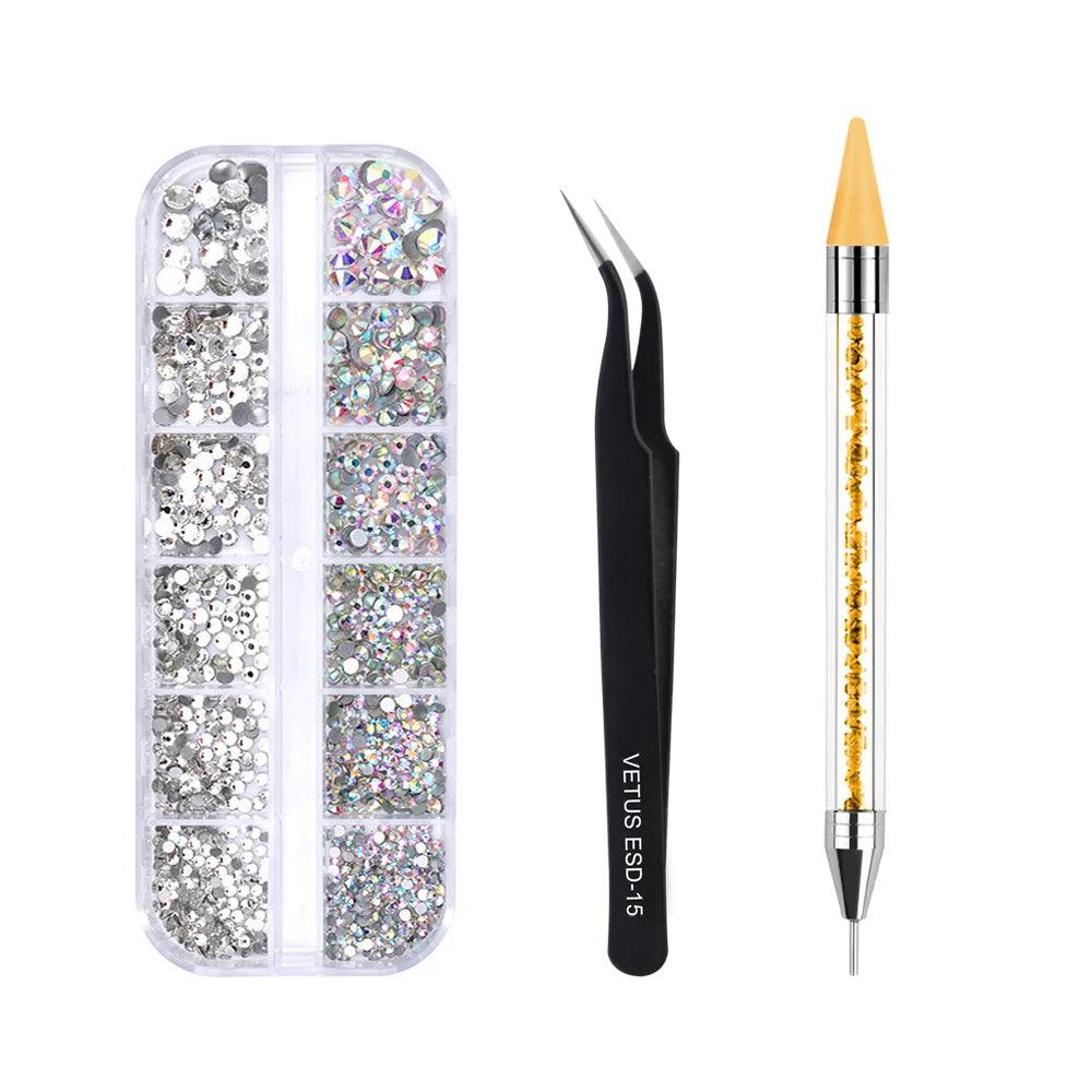 Multi-Size Nail Rhinestones 3D Crystal AB Diamonds Gems Makeup Beauty Nail Art Decorations With Picker Dotting Pen Tweezers Set