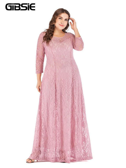 GIBSIE 6XL 5XL 4XL Plus Size Elegant Lace Dress Women O-Neck 3/4 Sleeve Long Maxi Dresses Ladies Prom Evening Party Dress