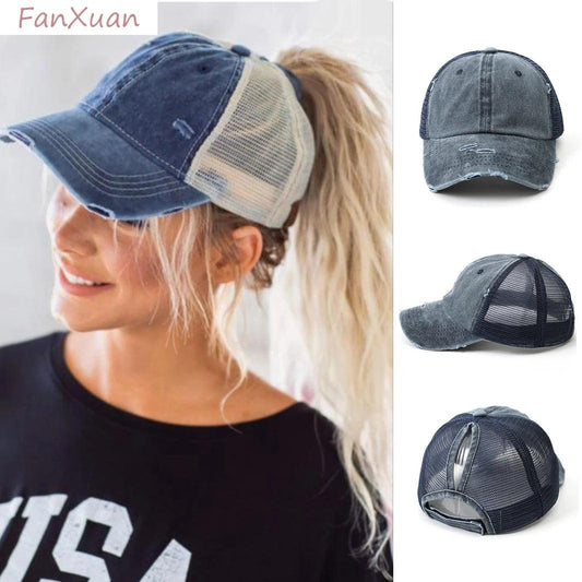 Vintage Ponytail Baseball Cap Women Adjustable Snapback Hat Mesh Distressed Summer Cap Woman Sunhat