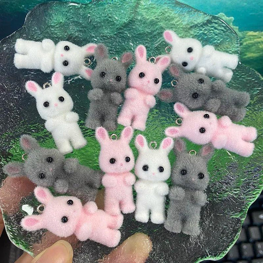 Miniature Forest Animal Fluffy Rabbit Resin Charms 3pcs/Pack Cute Doll Pendants For Necklace Earring Keychain Diy Jewelry Make