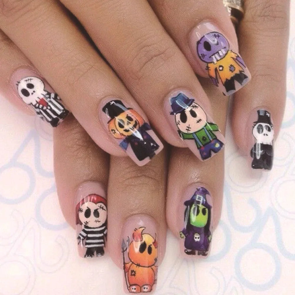 24pcs New Halloween False Nails with Clown Witch Pattern Design Fake Nail Tips Halloween Gifts MId-length Coffin Press on Nails