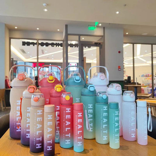 4pcs Set Large Capacity Sports Water Bottle With Straw Time Marker Gradient Color Plastic Matte For Outdoor Camping Fitness