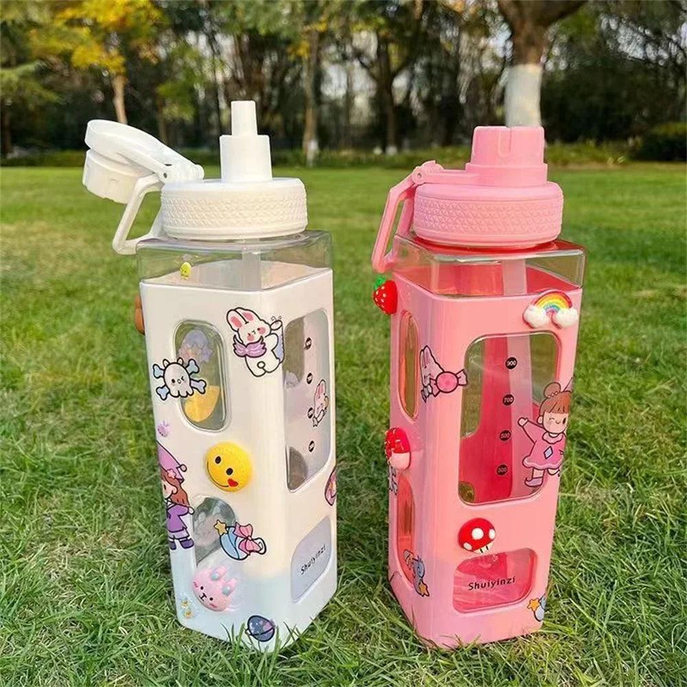 Kawaii Water Bottle With Straw 3D Cute Bear Sticker Bpa Free Plastic Square Sippy Cup Poratable Drinkware 700ml