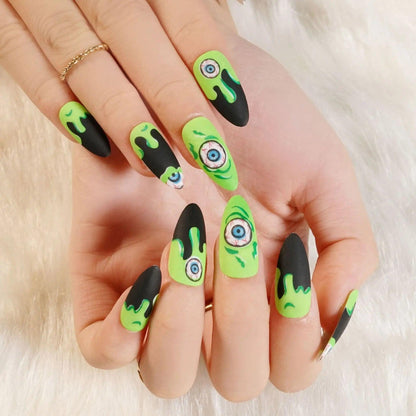 24pc/set Fashion Almond Press On Nails Art Halloween Black Ghost Design Fake Nail Pumpkin Castle Pattern Glossy False Nails Tips