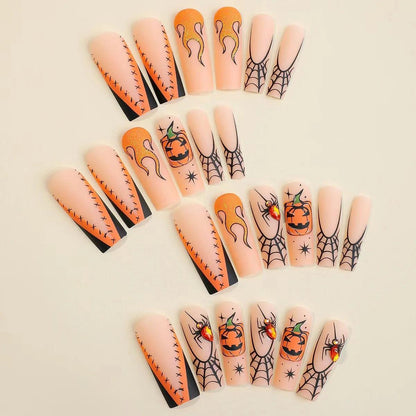 Halloween Long Coffin Spider Web Full Cover Fake Nails Nightmare Before Christmas Black Blood Stick Fake Nails for Women Men