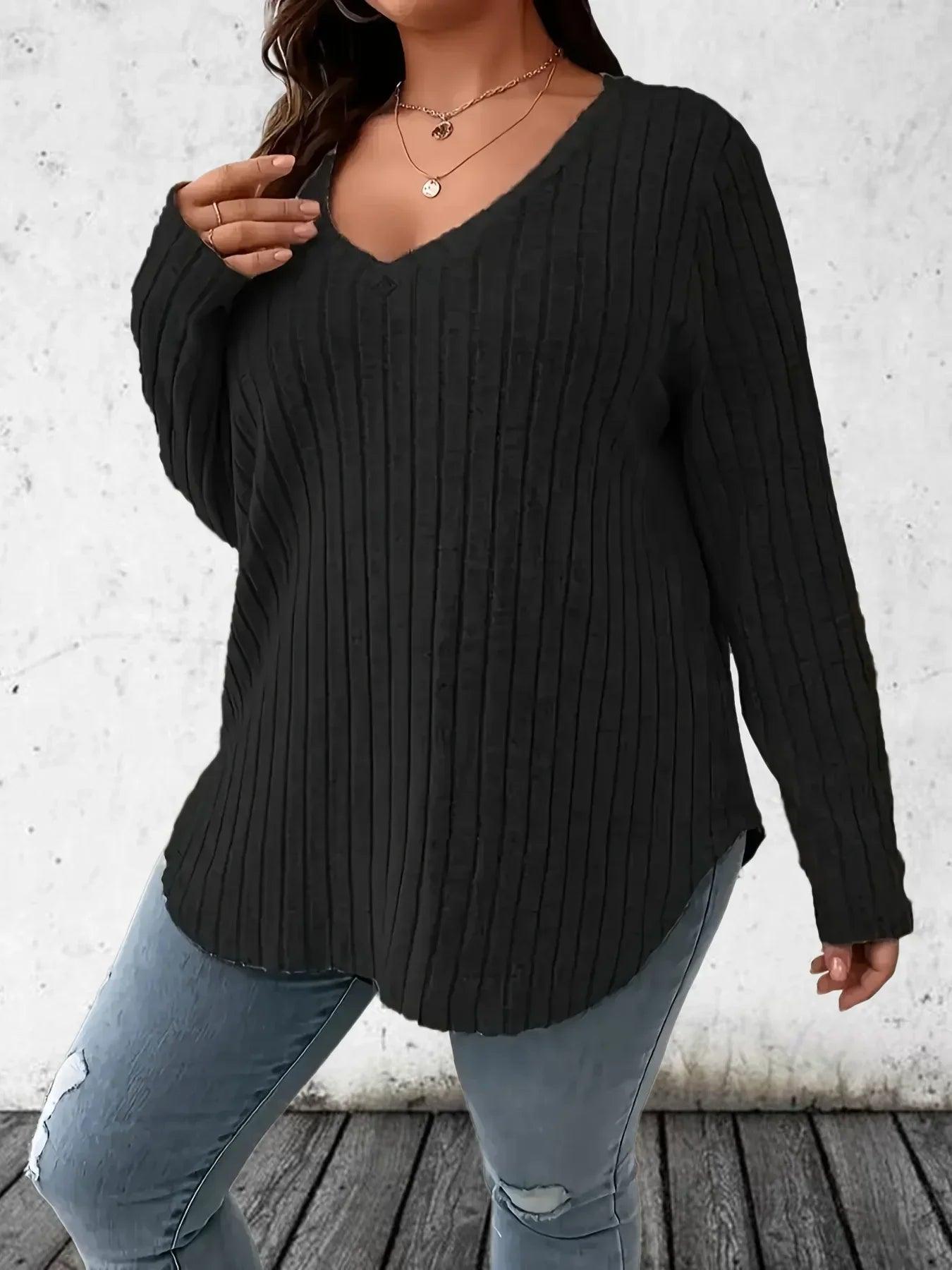 Plus Size 1XL-5XL  Women's Casual Fashion V Neck Long Sleeve T-Shirt  LadiesWomen's Plus Size Solid Ribbed T-Shirt Clothing