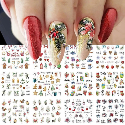 Christmas Nail Stickers Water Nail Slider Set Xmas Series Watercolor Decals New Year Watermark Transfer Manicure Decor Accessory