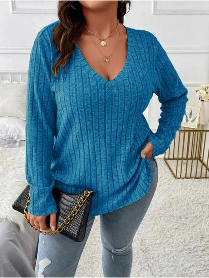 Women's Fashionable Solid Color Top V-neck Long Sleeved Pit Stripe Matte T-shirt Loose Fitting Fitting