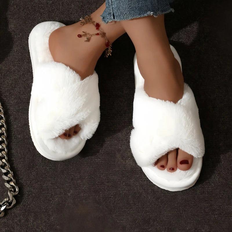 CrissCross Band Plush House Slippers for Women Open Toe Soft Sole Fuzzy Home Shoes Woman Winter Cozy Warm Indoor Floor Slippers