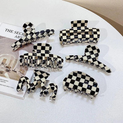 Vintage Women Girls Acrylic Checkered Hair Claw Shark Clip Geometric Grid Headband Hair Clips Hairpins Fashion Hair Accessories