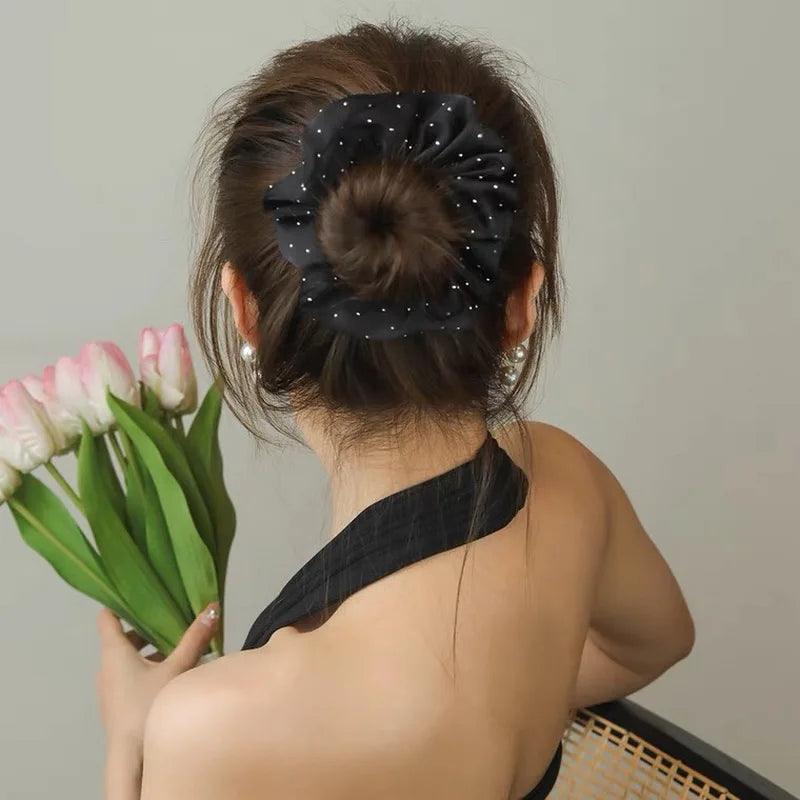 2023 Women Fashion Silk Scrunchie With Rhinestones Elastic Satin Hair Band Girls Big Hair Tie Balck Crunchy For Hair Accessories