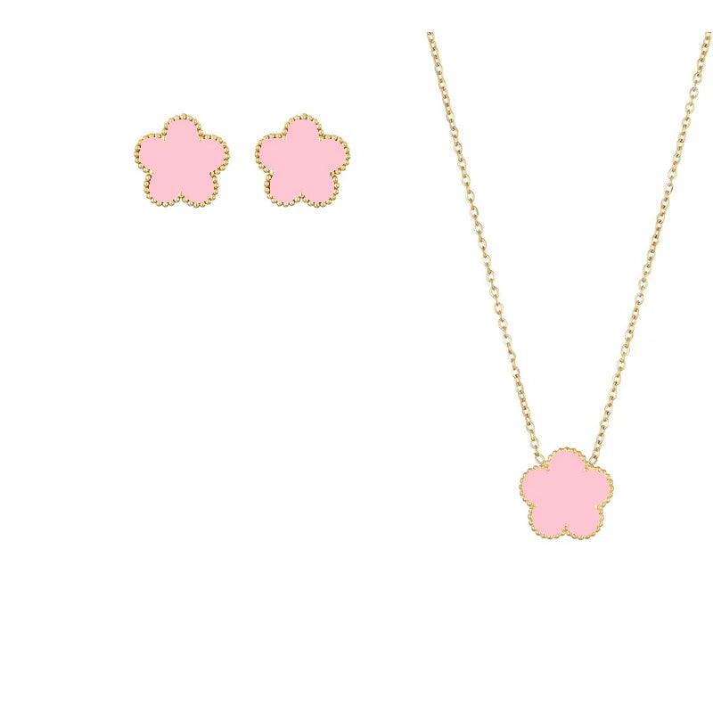 Double Sided Plant Flower Design Jewelry Set  for Women Girls Stainless Steel Elegant Clover Pendant Necklace Earrings Bracelet