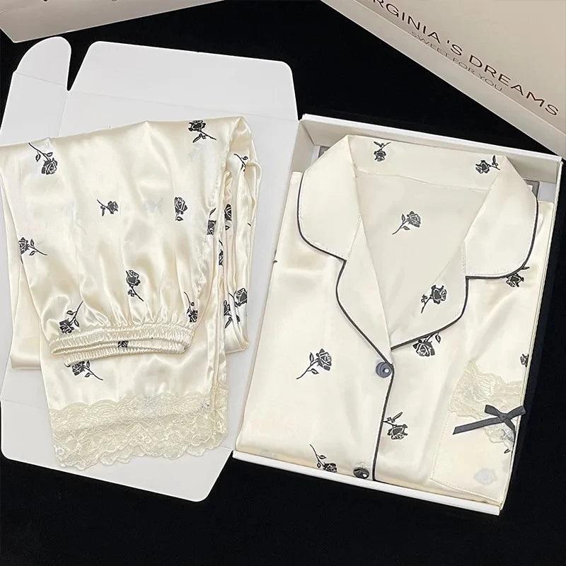 High Quality Light Luxury Ice Silk Pajamas Women's Pajama Spring and Autumn Style Long Sleeve Home Set Nightwear Sleepwear