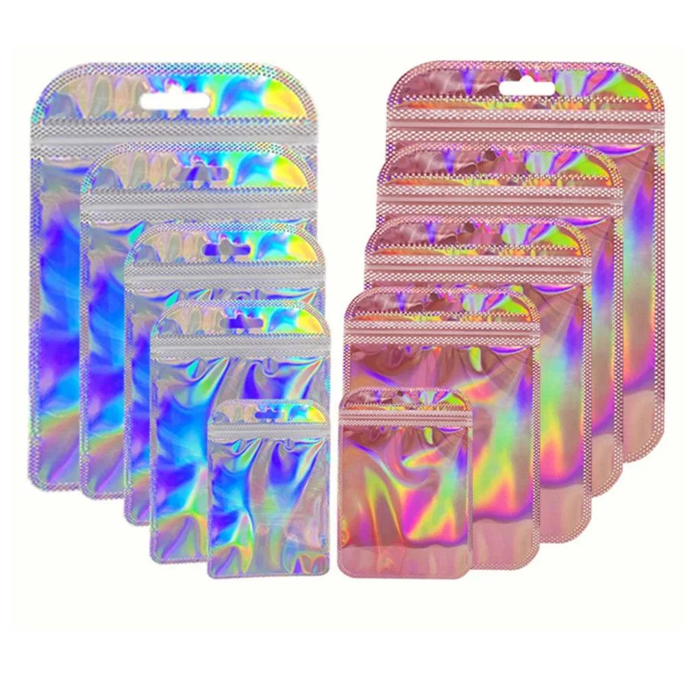 50pcs 100pcs Pink Laser Ziplock Bags Reusable Plastic Transparent Bags for Jewelry Packaging Cosmetic Retail Display Bags