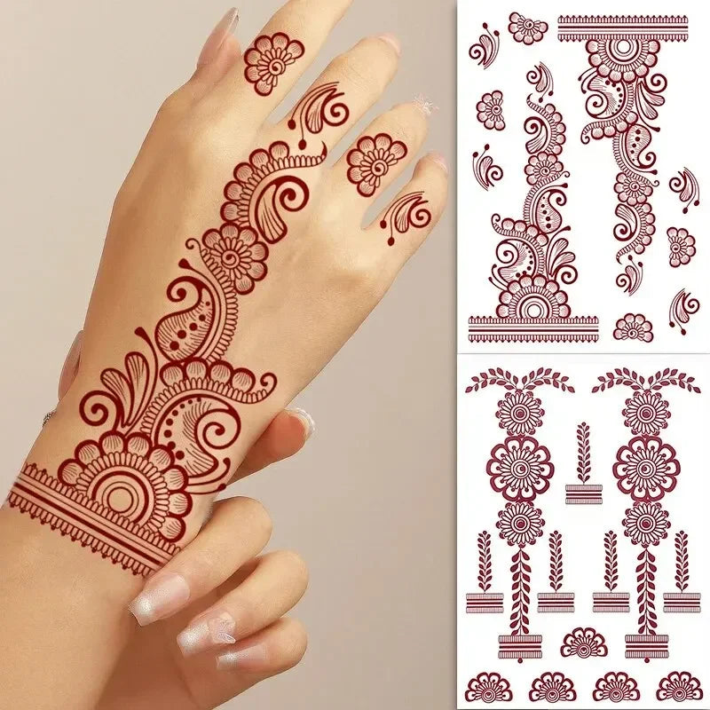 Heallor Waterproof Temporary Tattoo Stickers for Women Brown Henna Stickers for Hand Maroon Tattoo for Wedding Ramadan Festival