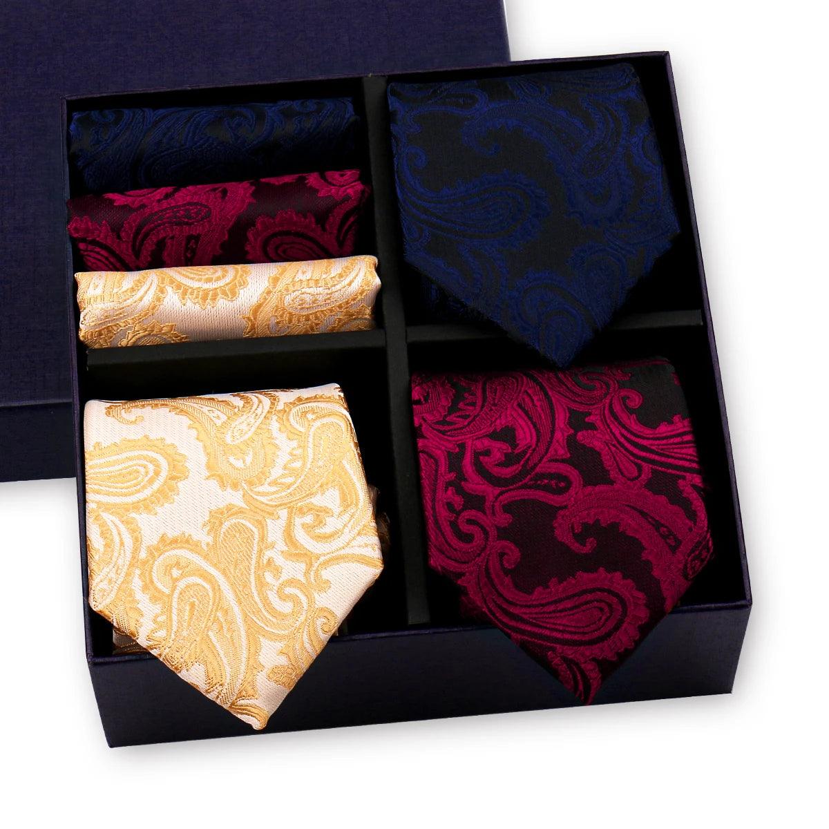 Luxury Men's Tie 3 Sets In Gift Box Paisley Striped Necktie Handkerchief For Men Gravata Wedding Formal Clothing Accessories