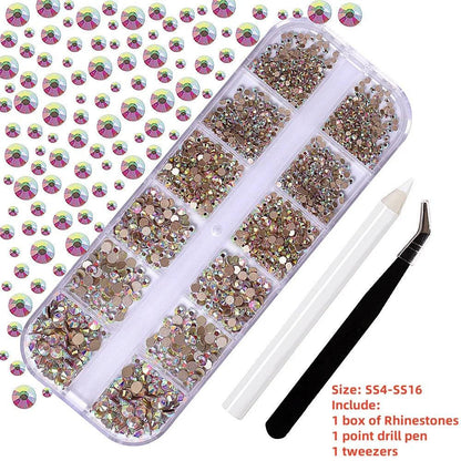 12Gird 3D Glass AB Crystal Nail Art Rhinestones Kit Flatback Round Bead Charm Gem Stones Jewelry Diamond with Tools for Nail Art