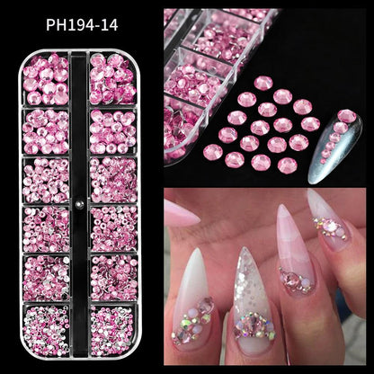 12Gird 3D Glass AB Crystal Nail Art Rhinestones Kit Flatback Round Bead Charm Gem Stones Jewelry Diamond with Tools for Nail Art