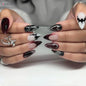 24pcs Black Red Almond Halloween Press on Nails Charms Punk Metal French Fake Nails Bat Spider Designs Halloween False Nails