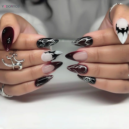 24pcs Black Red Almond Halloween Press on Nails Charms Punk Metal French Fake Nails Bat Spider Designs Halloween False Nails