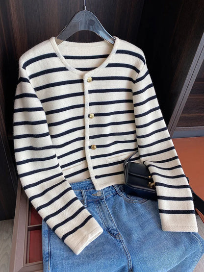 Women Stripe Knitted Cardigans Spring Autumn O-neck Single Breasted Long Sleeve Crop Tops Fashion Casual Chic Female Sweaters