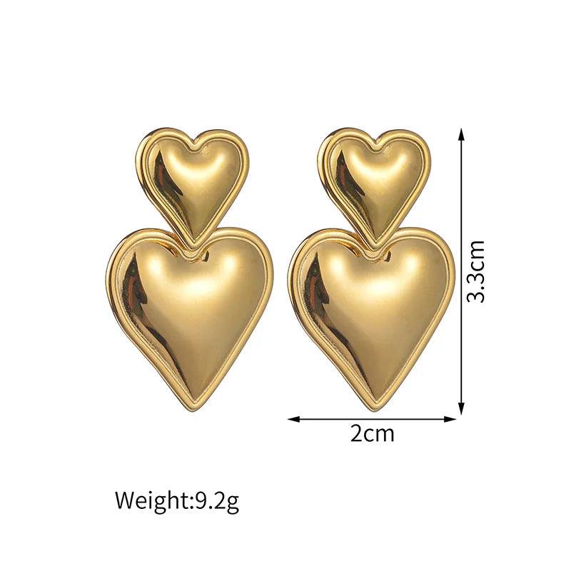 Vintage 18K Gold Plated Stainless Steel Double Heart Shaped Drop Earrings for Women Fashion Jewelry Gift