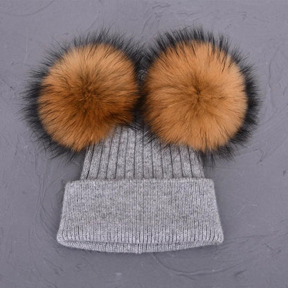 Double Real Raccoon Fur Pompom Hat Women Winter Caps Knitted Wool Hats Skullies Beanies Girls Female Two Fur Pom Pom Beanie Hat