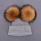 Double Real Raccoon Fur Pompom Hat Women Winter Caps Knitted Wool Hats Skullies Beanies Girls Female Two Fur Pom Pom Beanie Hat