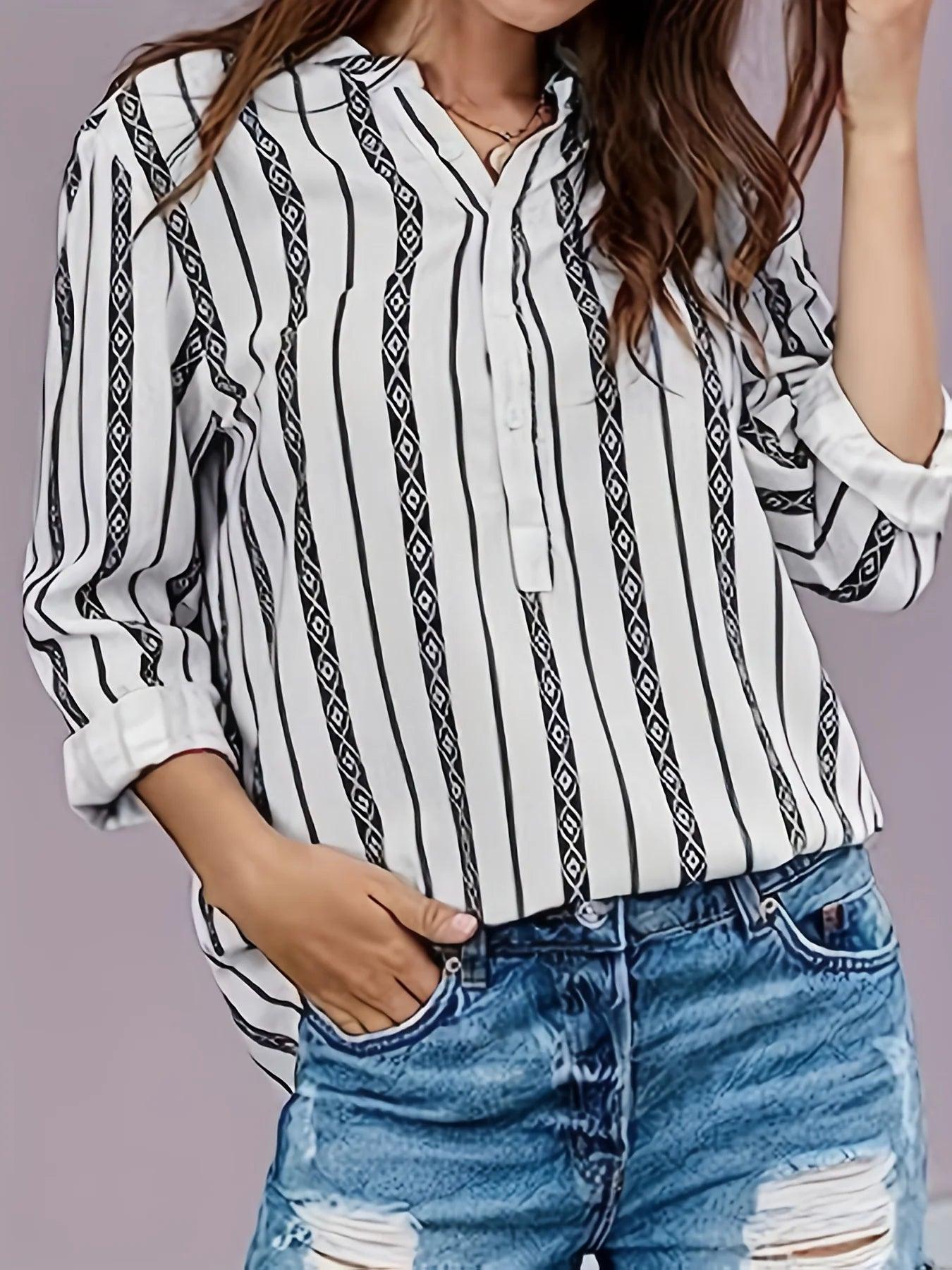 Plus Size Striped Print Blouse, Casual Round Collar Half Sleeve Blouse For Spring, Women's Plus Size Clothing