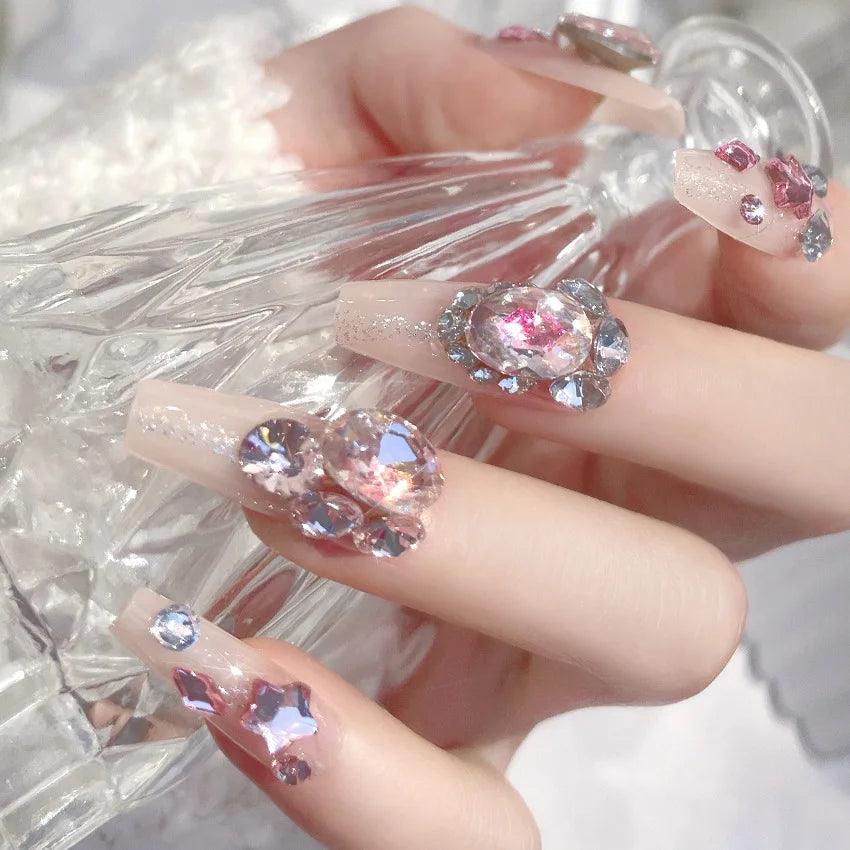 24Pcs Pink Full Diamond Press on Nail Tips Handmade 3D Design Rhinestones Full Cover False Long Coffin Nail Woman DIY Fake Nails