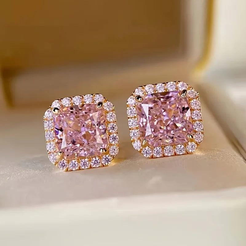 Exquisite Square Inlaid White Pink Zircon Stud Earrings for Women Charming Dazzling Engagement Wedding Earrings