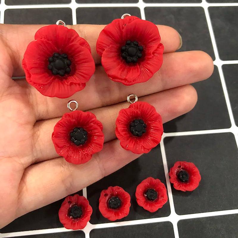 10/20pcs Peaceful Day Poppy Flower Resin Charms Anti-War Red Flowers Earring Pendant Keychain Charms Jewelry Finding