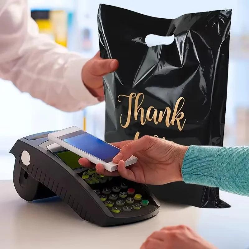 Thank You Bag Black Handheld Shopping Bag Plastic Packaging for Parties Birthdays Weddings Thanksgiving Anniversary Christmas