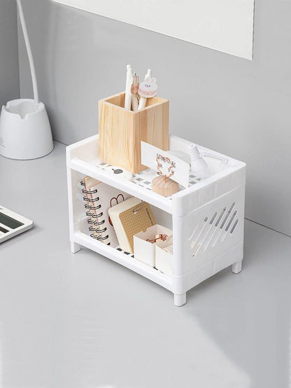 1PC PP Desktop Double Layer Storage Rack Rectangular White Organizing Student Desk Office Cosmetics Stationery