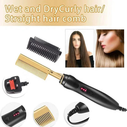 Gold Electric Hair Brushes for Straightener Comb,Copper Hot Comb Heat Pressing Curling/Straightener Styling Brush 220V for Women