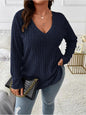 Women's Fashionable Solid Color Top V-neck Long Sleeved Pit Stripe Matte T-shirt Loose Fitting Fitting