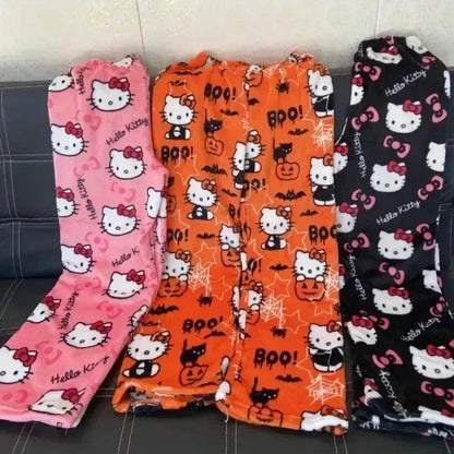 Sanrio Hello Kitty Y2k Kawaii Anime Flannel Pajamas Women'S Warm Woolen Cartoon Casual Home Pants Autumn Winter Fashion Trousers