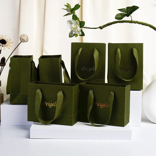 24Pcs Bulk Handmade Moss Green Paper Tote Bag Small Size Custom Logo Paper Packaging Bag with Handle for Beach Shopping Wedding