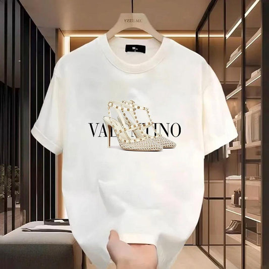 Women High Heels Letters Print Short Sleeve Casual T-shirt Summer Luxury Y2k Cotton Tee Female Designer Trendy High Quality Tops