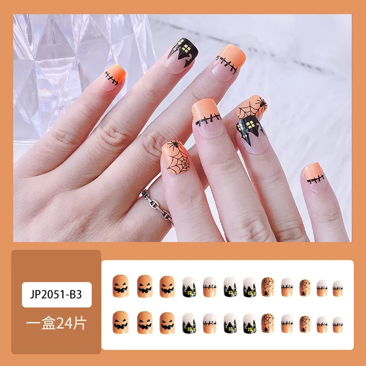 24pc/set Fashion Almond Press On Nails Art Halloween Black Ghost Design Fake Nail Pumpkin Castle Pattern Glossy False Nails Tips