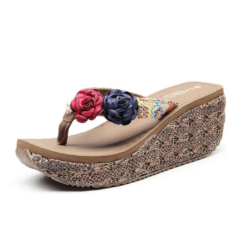 Summer Beach Sandals Women Flower Flip-flops Bohemian Beach Beaded Women Wedge Sandals Non-slip Outdoor Slippers 7cm Heels