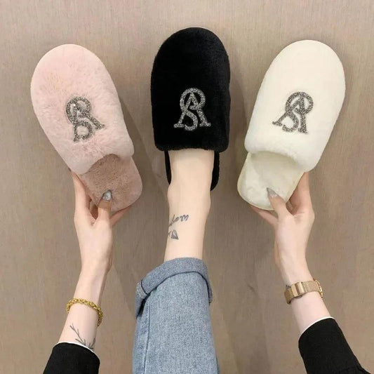 Hairy Cotton Slippers Women Autumn Winter New Warm Footwear Home Bright Diamond Slippers Fashion Outer Wear Women's Flat Shoes