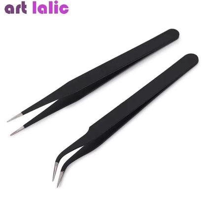 2Pcs Stainless Steel Curved Straight Black Tweezer Set, Nail Art Rhinestones Beads Nipper Picking Tool