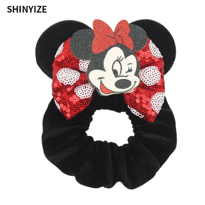 New Chic Disney Mickey Mouse Ears Hair Scrunchies Sequins 4"Bows Elastic Headband Women Velvet Girls DIY Hair Accessories Gift